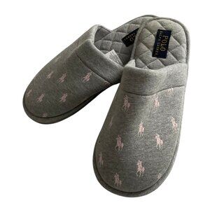 Polo Ralph Lauren Memory Foam Slippers Sz 8 Gray Pink All Over Pony Logo Slip On